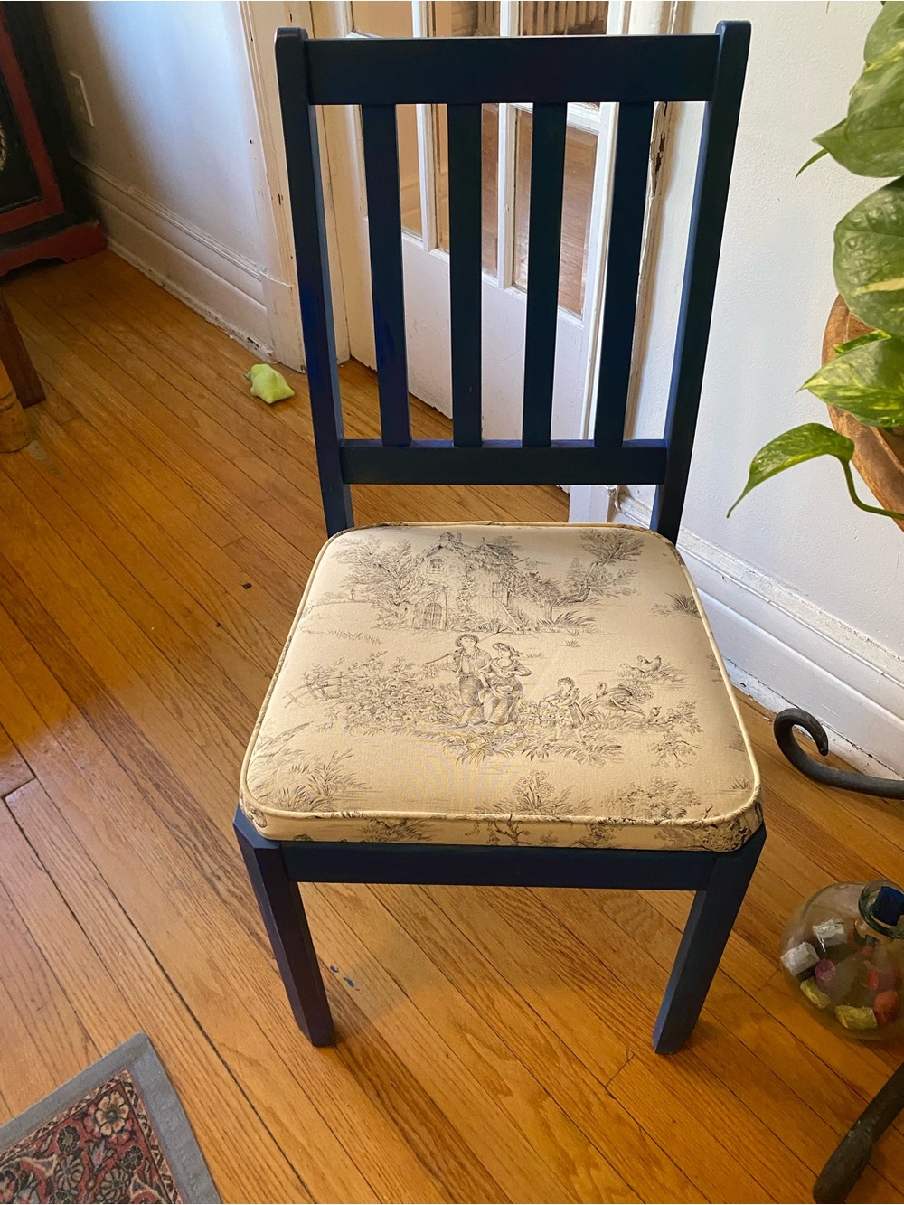 Navy Wooden Side Chair with Toile Upholstered Seat